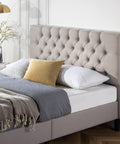 Queen Bed Frame Misty Bed Mattress Base, Light Grey | Upholstered Button Tufted Fabric Platform | Bedroom Furniture