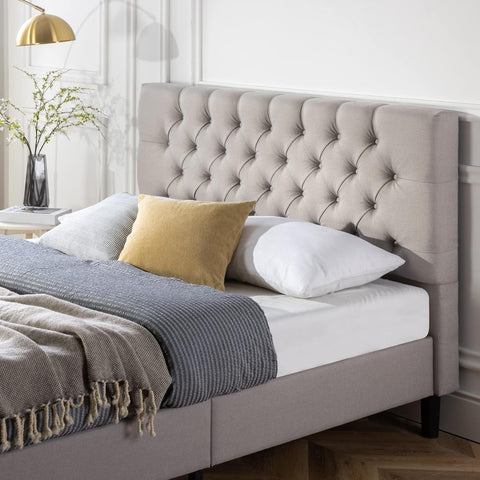 Queen Bed Frame Misty Bed Mattress Base, Light Grey | Upholstered Button Tufted Fabric Platform | Bedroom Furniture