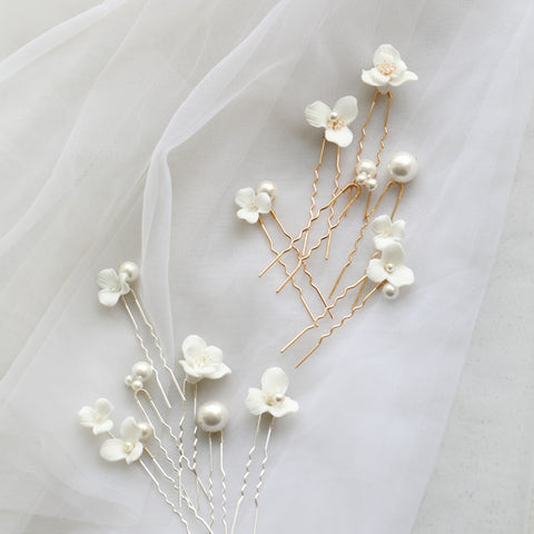 Ceramic Flower Pearl Embellished Bridal Hairpin Hair Plug Simple Hair Accessories