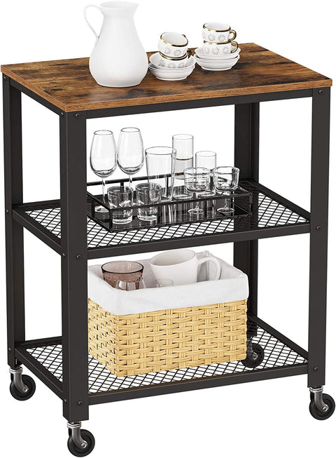 Serving Cart, 3-Tier Bar Cart on Wheels with Storage and Steel Frame, Rustic Brown ULRC78X, 15.7 X 23.6 X 30.6 Inches